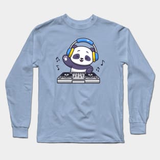 Cute Panda Playing DJ Electronic Music With Headphone Cartoon Long Sleeve T-Shirt